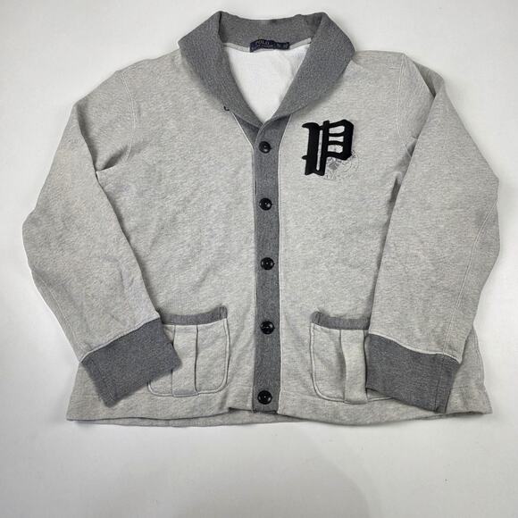 Polo Ralph Lauren Sweater mens XL Gray Shawl Collar Cardigan Varsity P Patch - Picture 2 of 9